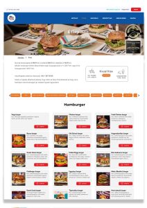 Étlap éttermi weboldalon – különböző burgerek nevekkel, képekkel és árakkal